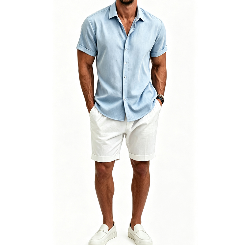 Short Linen Drawstring - Men's Cotton Linen Shirt Set Summer