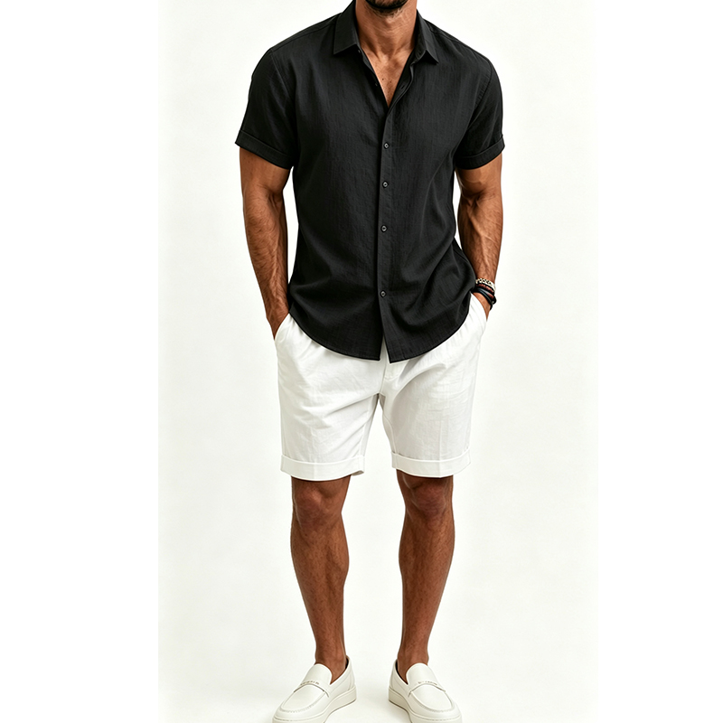 Men's  Cotton Linen Shirt Set  - Short Linen Drawstring ulasan dan harga