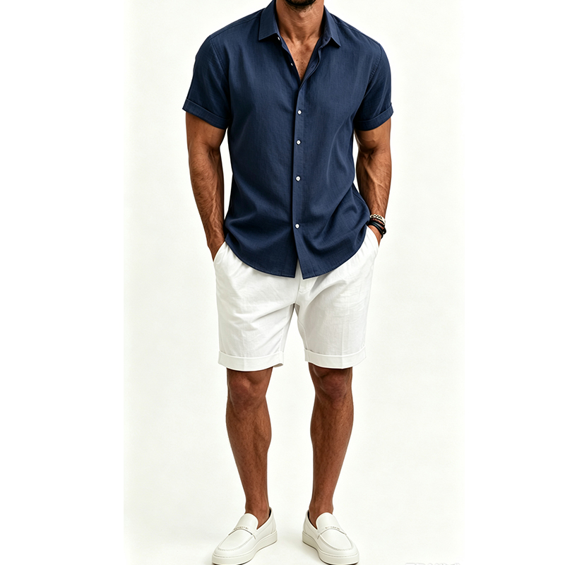 Men's  Cotton Linen Shirt Set  - Short Linen Drawstring ulasan dan harga