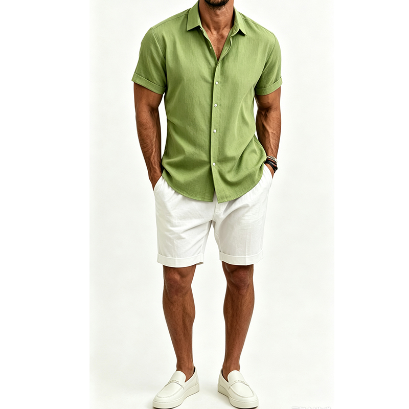 Men's  Cotton Linen Shirt Set  - Short Linen Drawstring ulasan dan harga